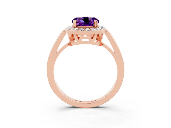 Rose gold Round Cut Amethyst Halo Ring with Split Shank and Four-Prong Setting