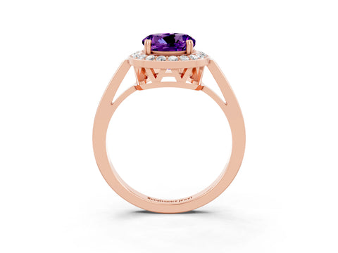 Rose gold {shape_name} Amethyst Halo Ring with Split Shank and Four-Prong Setting_3