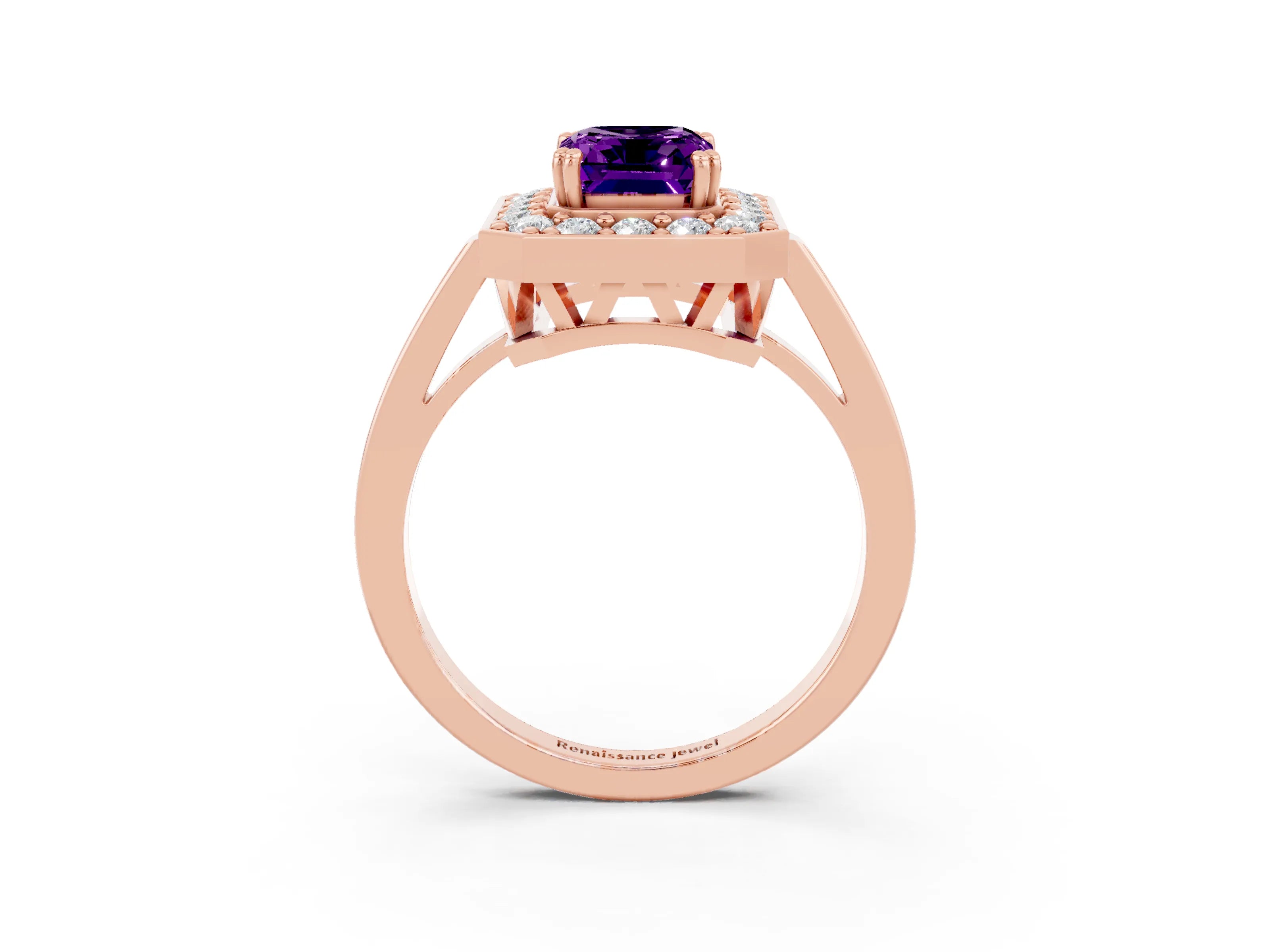 Rose gold {shape_name} Amethyst Halo Ring with Split Shank and Four-Prong Setting_3
