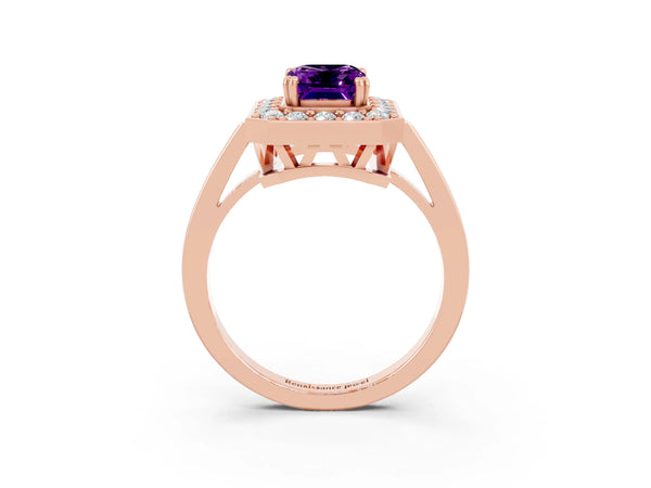 Rose gold Emerald Cut Amethyst Halo Ring with Split Shank and Four-Prong Setting