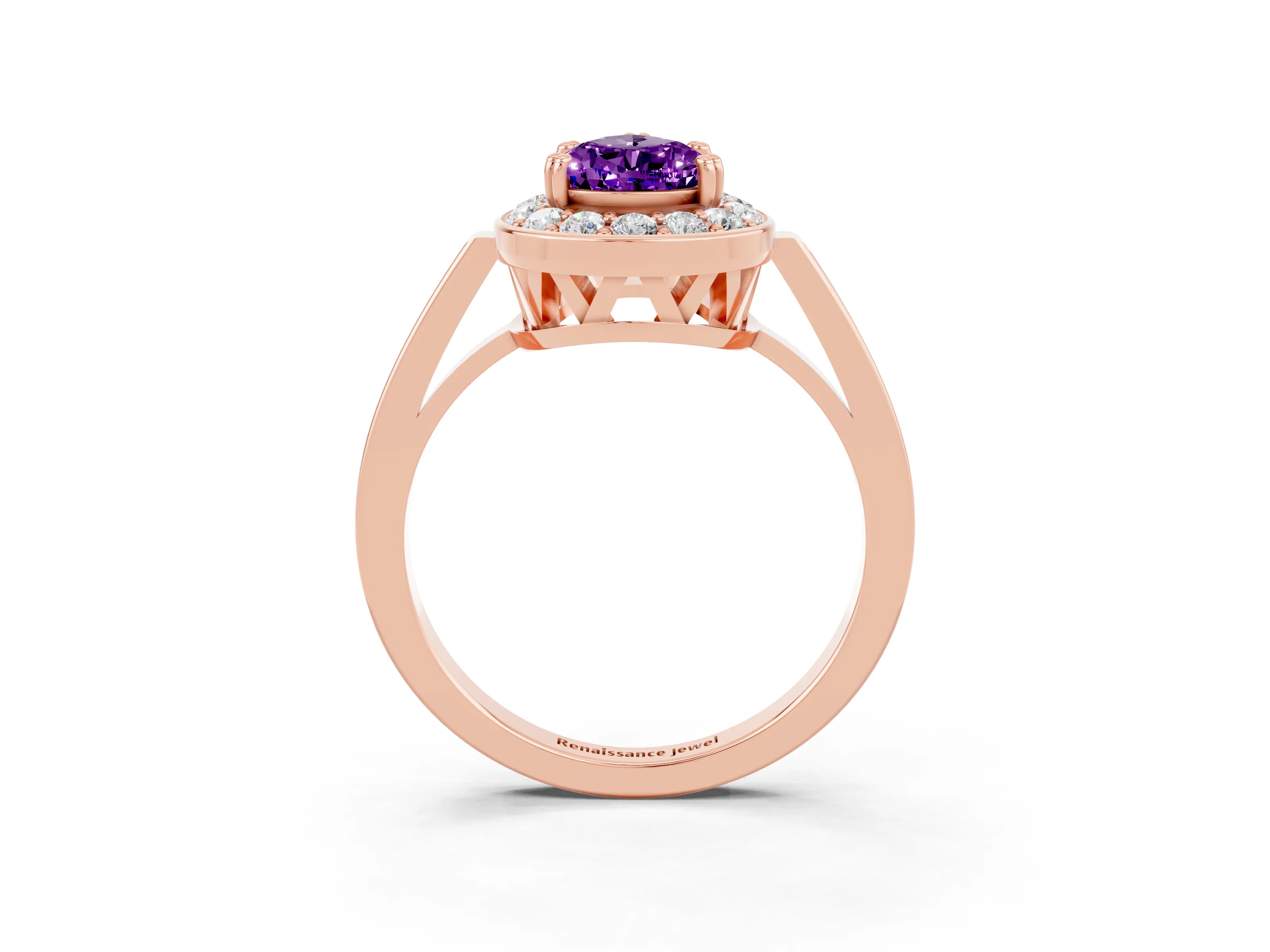 Rose gold {shape_name} Amethyst Halo Ring with Split Shank and Four-Prong Setting_3