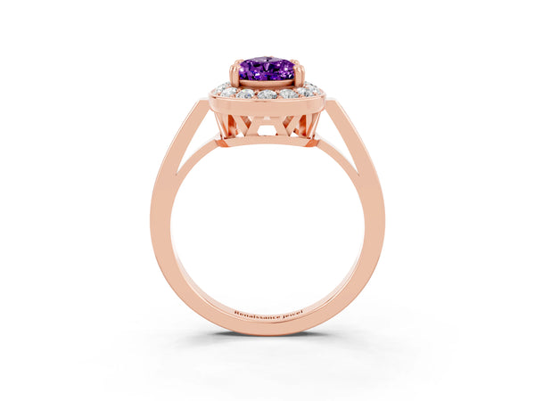 Rose gold Pear Cut Amethyst Halo Ring with Split Shank and Four-Prong Setting