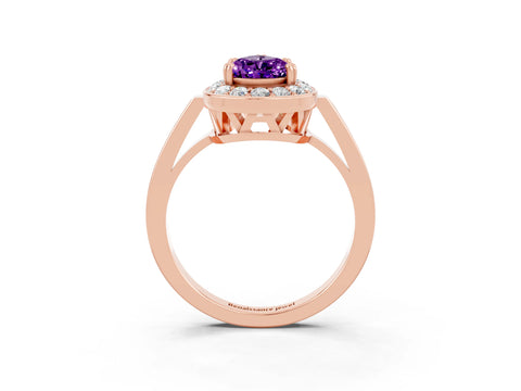 Rose gold {shape_name} Amethyst Halo Ring with Split Shank and Four-Prong Setting_3