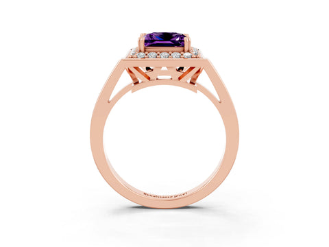 Rose gold {shape_name} Amethyst Halo Ring with Split Shank and Four-Prong Setting_3