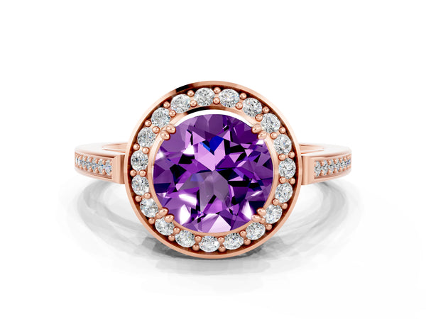 Rose gold Round Cut Amethyst Halo Ring with Split Shank and Four-Prong Setting