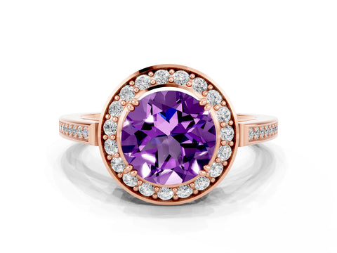 Rose gold {shape_name} Amethyst Halo Ring with Split Shank and Four-Prong Setting