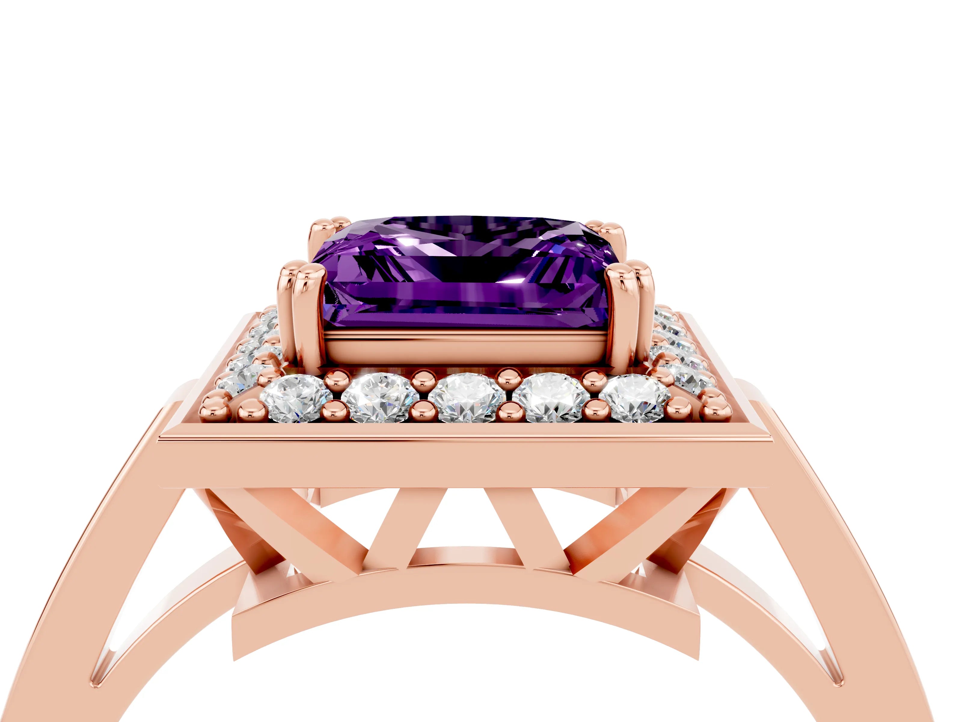Rose gold {shape_name} Amethyst Halo Ring with Split Shank and Four-Prong Setting_4