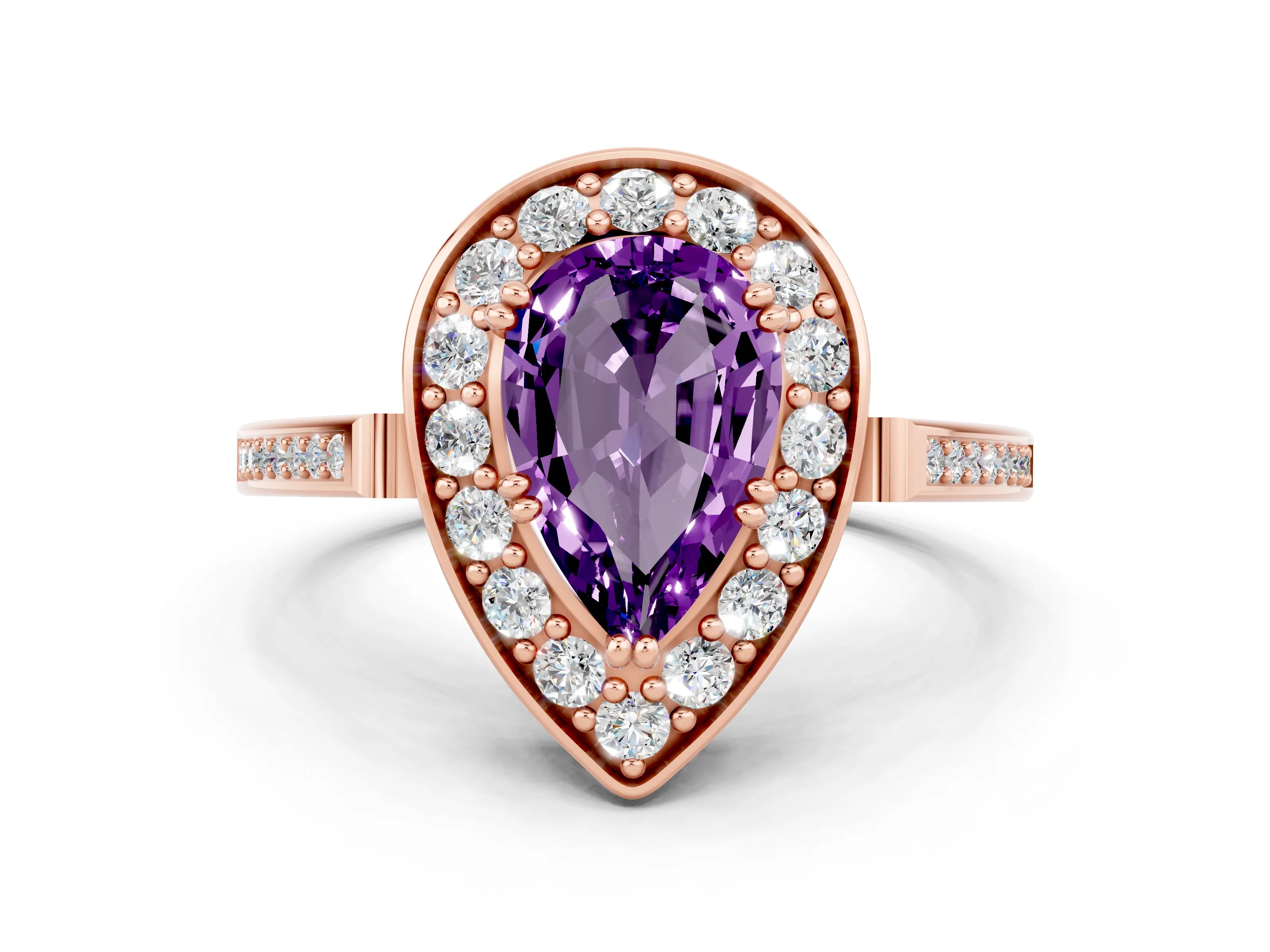 Rose gold {shape_name} Amethyst Halo Ring with Split Shank and Four-Prong Setting