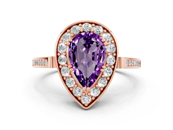 Rose gold Pear Cut Amethyst Halo Ring with Split Shank and Four-Prong Setting