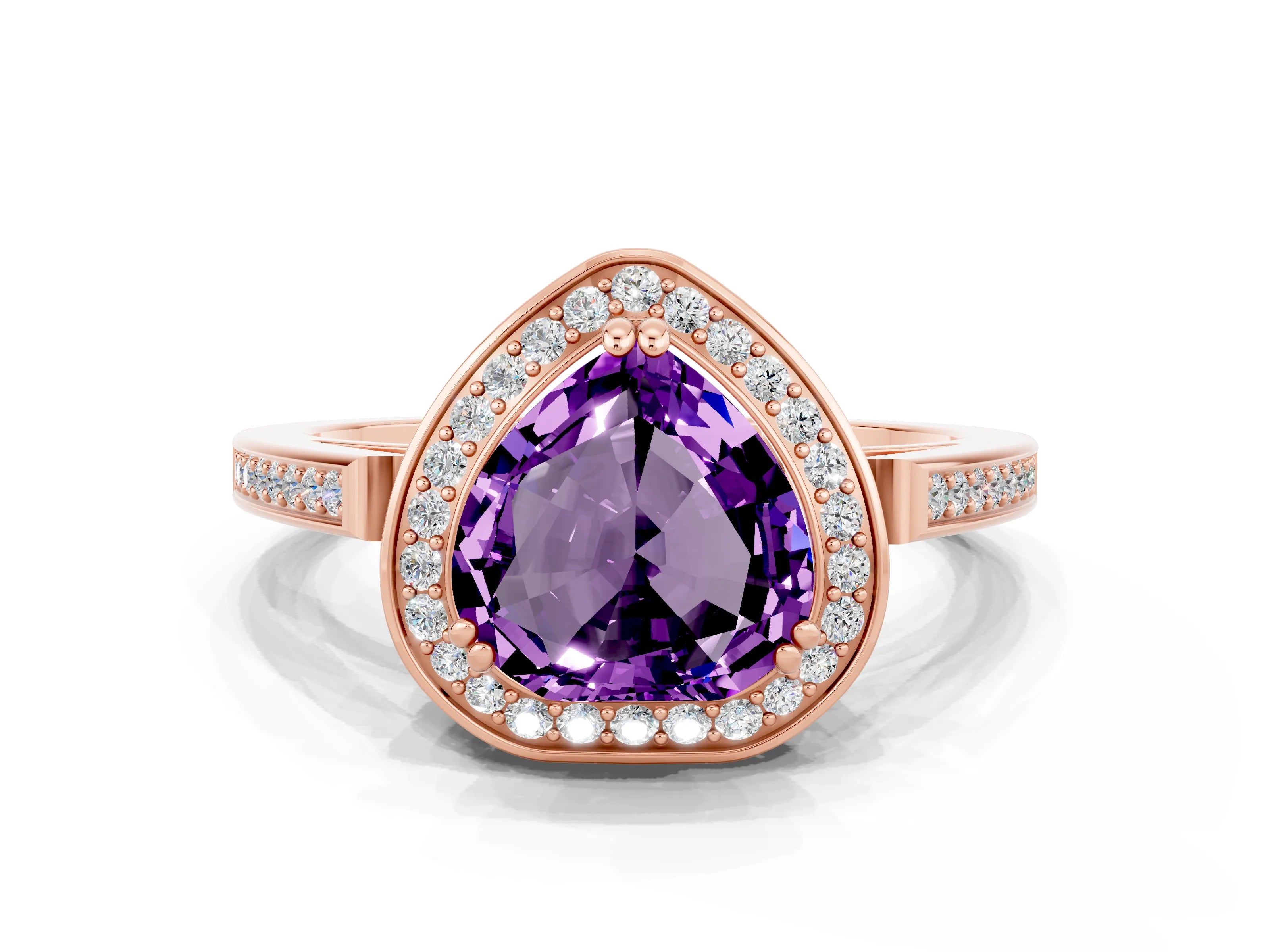 Rose gold {shape_name} Amethyst Halo Ring with Split Shank and Four-Prong Setting