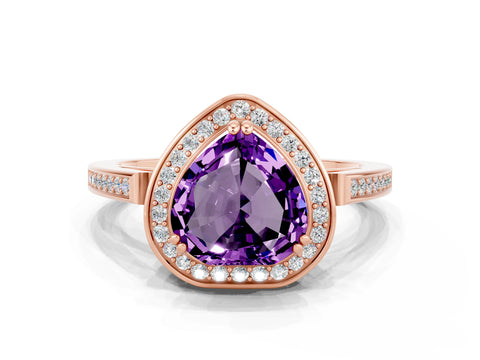 Rose gold {shape_name} Amethyst Halo Ring with Split Shank and Four-Prong Setting