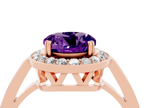 Rose gold {shape_name} Amethyst Halo Ring with Split Shank and Four-Prong Setting_4
