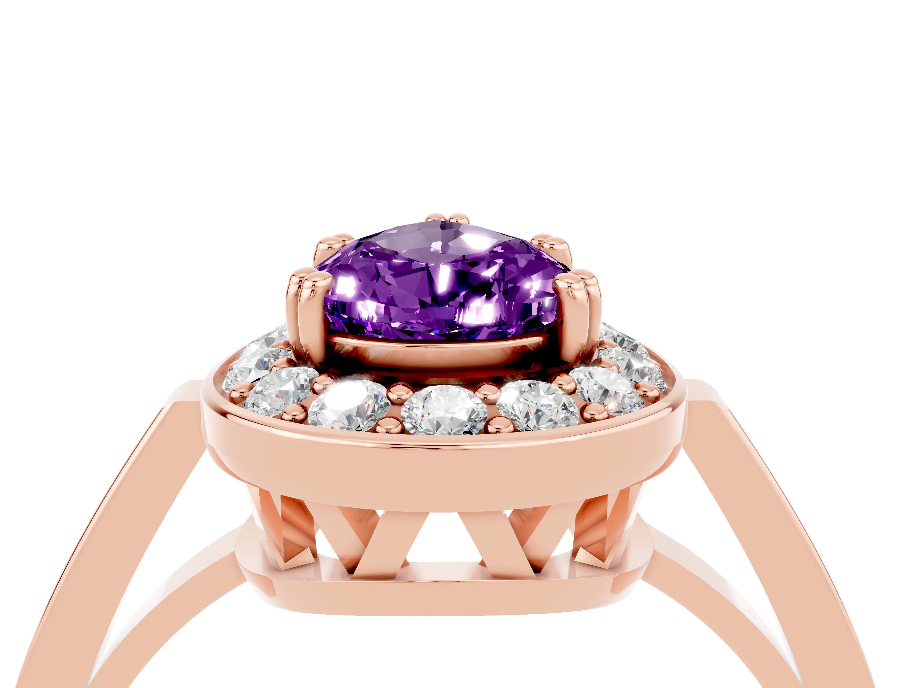 Rose gold {shape_name} Amethyst Halo Ring with Split Shank and Four-Prong Setting_4