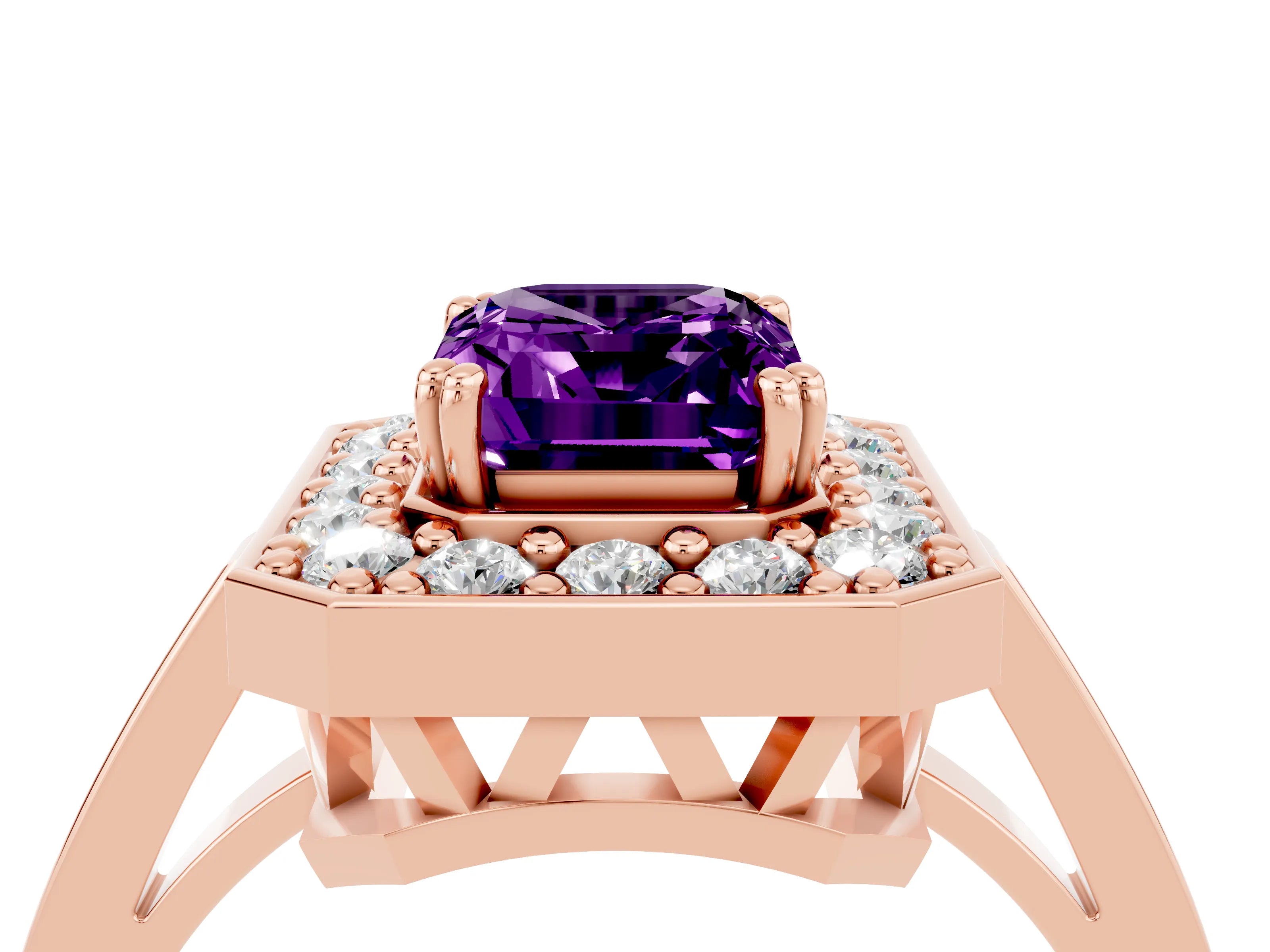 Rose gold {shape_name} Amethyst Halo Ring with Split Shank and Four-Prong Setting_4