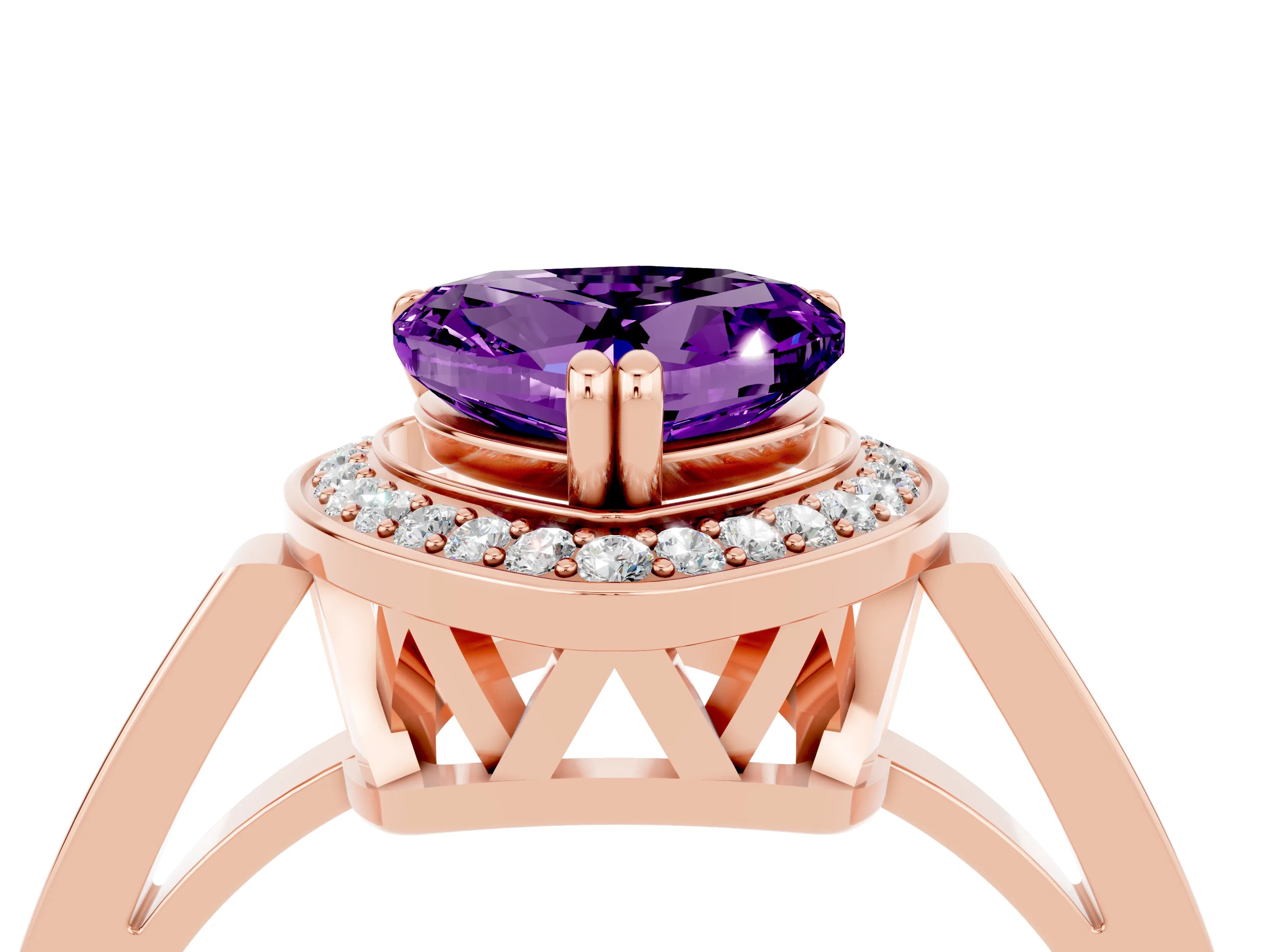 Rose gold {shape_name} Amethyst Halo Ring with Split Shank and Four-Prong Setting_4