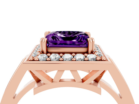 Rose gold {shape_name} Amethyst Halo Ring with Split Shank and Four-Prong Setting_4