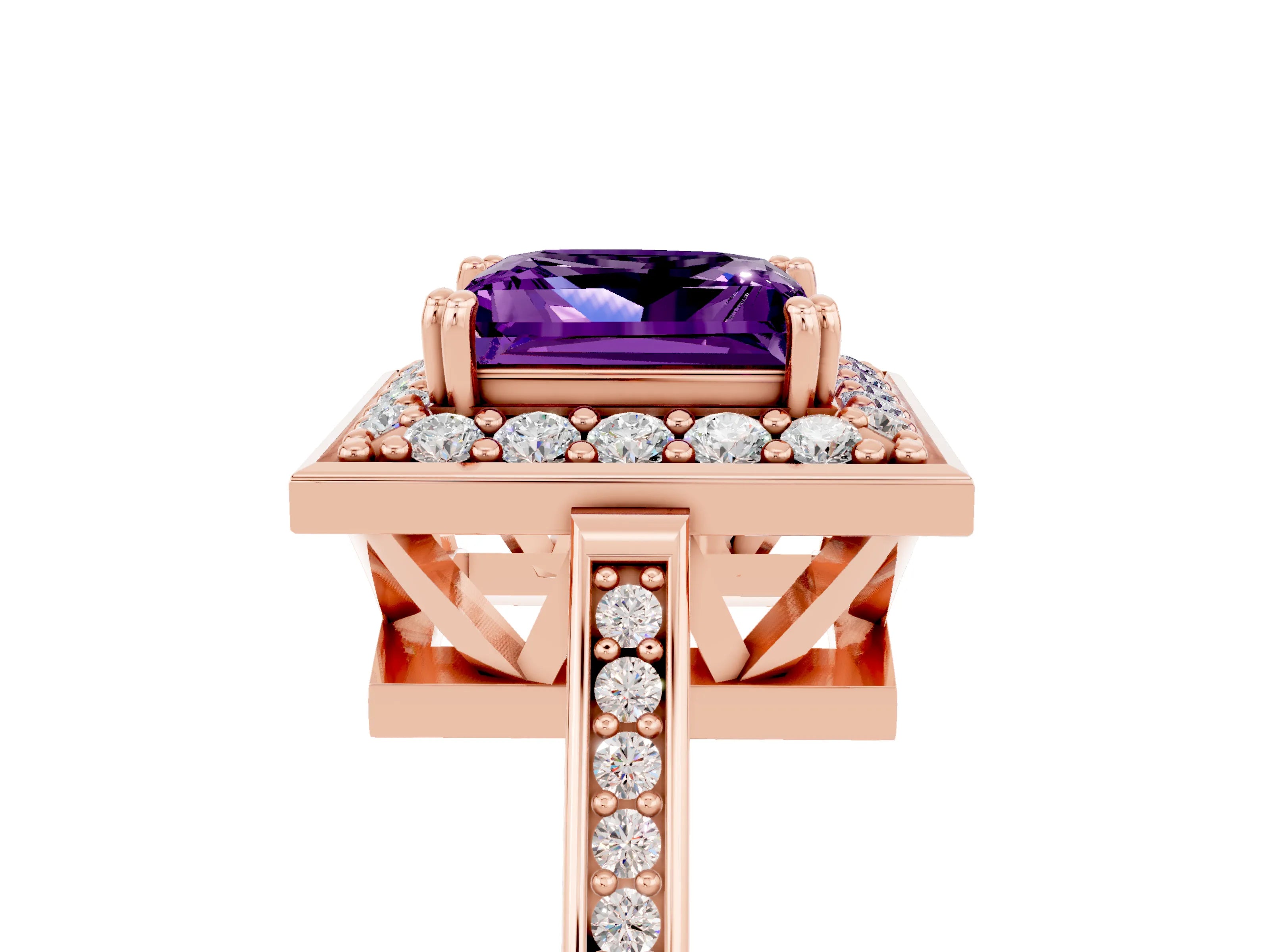 Rose gold {shape_name} Amethyst Halo Ring with Split Shank and Four-Prong Setting_5