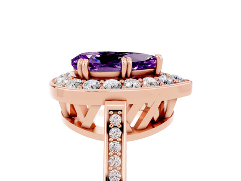 Rose gold {shape_name} Amethyst Halo Ring with Split Shank and Four-Prong Setting_5