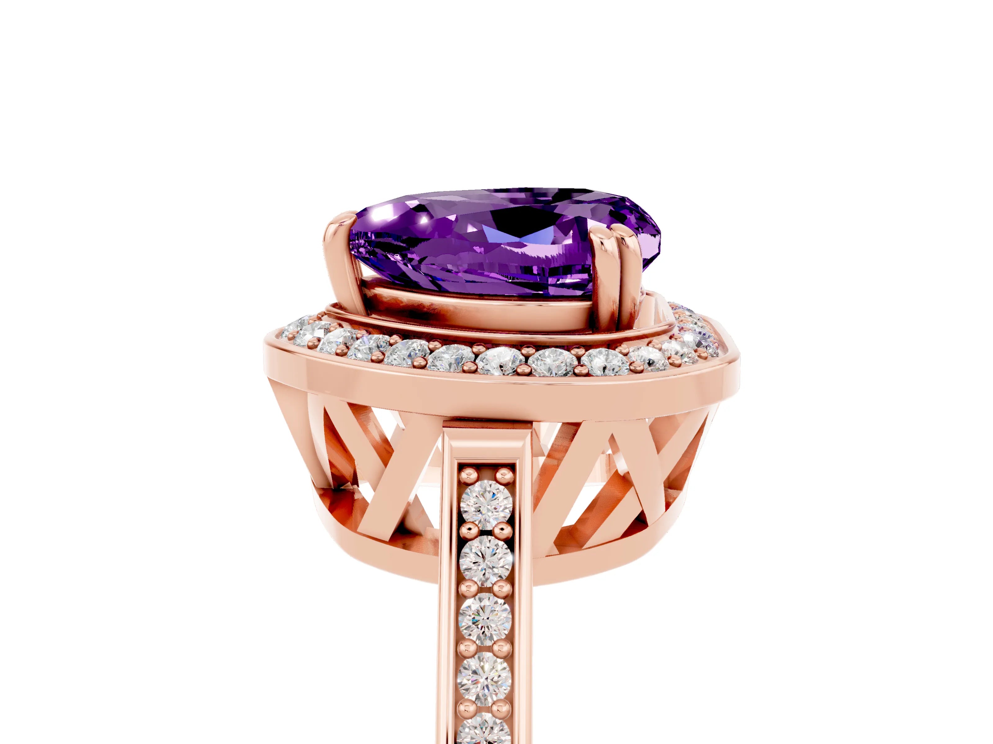 Rose gold {shape_name} Amethyst Halo Ring with Split Shank and Four-Prong Setting_5