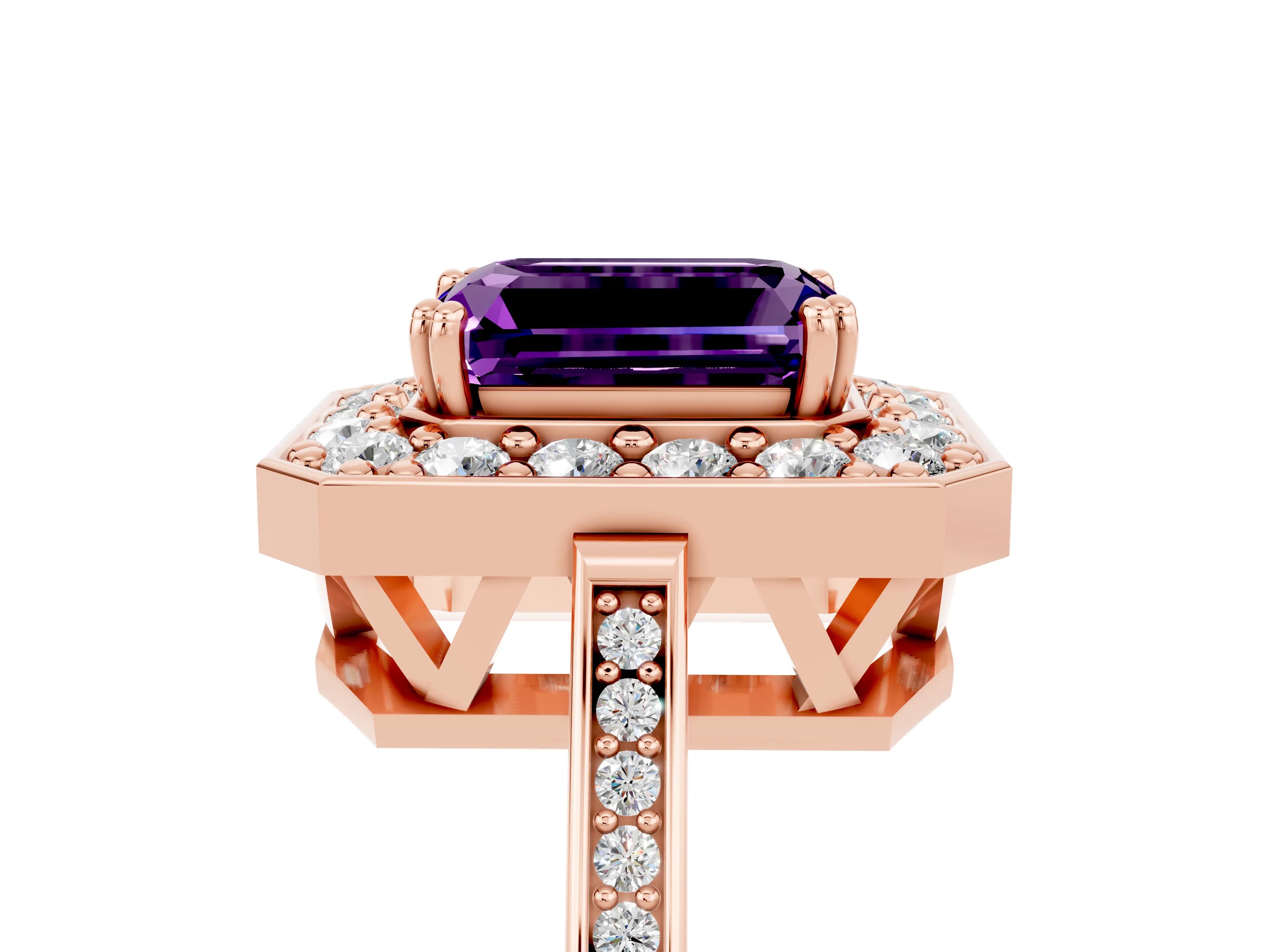 Rose gold {shape_name} Amethyst Halo Ring with Split Shank and Four-Prong Setting_5