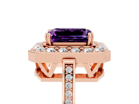 Rose gold {shape_name} Amethyst Halo Ring with Split Shank and Four-Prong Setting_5