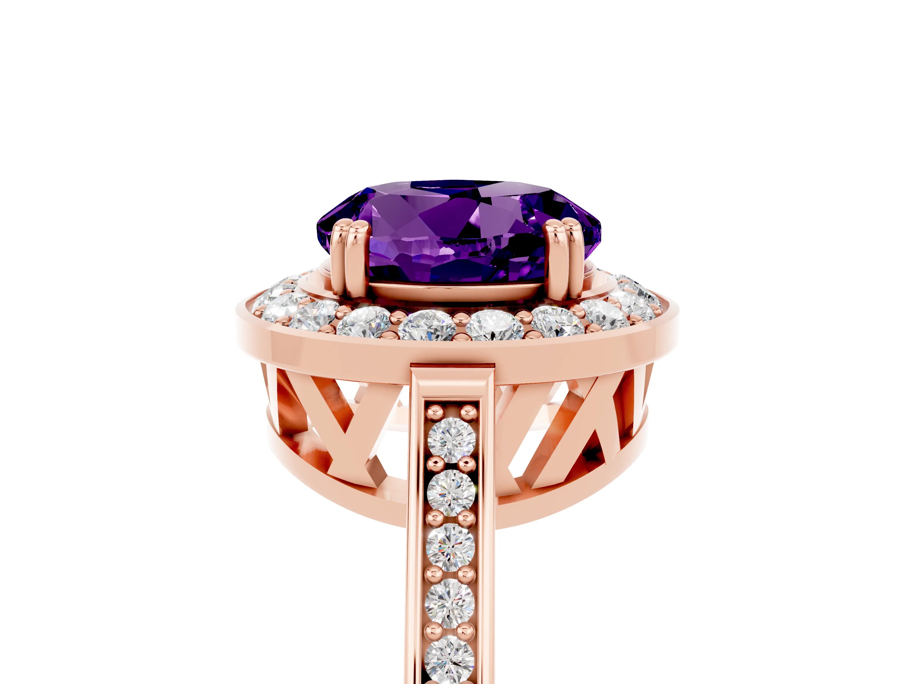 Rose gold {shape_name} Amethyst Halo Ring with Split Shank and Four-Prong Setting_5