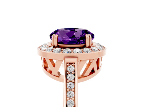 Rose gold {shape_name} Amethyst Halo Ring with Split Shank and Four-Prong Setting_5