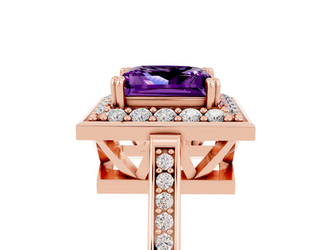 Rose gold {shape_name} Amethyst Halo Ring with Split Shank and Four-Prong Setting_5