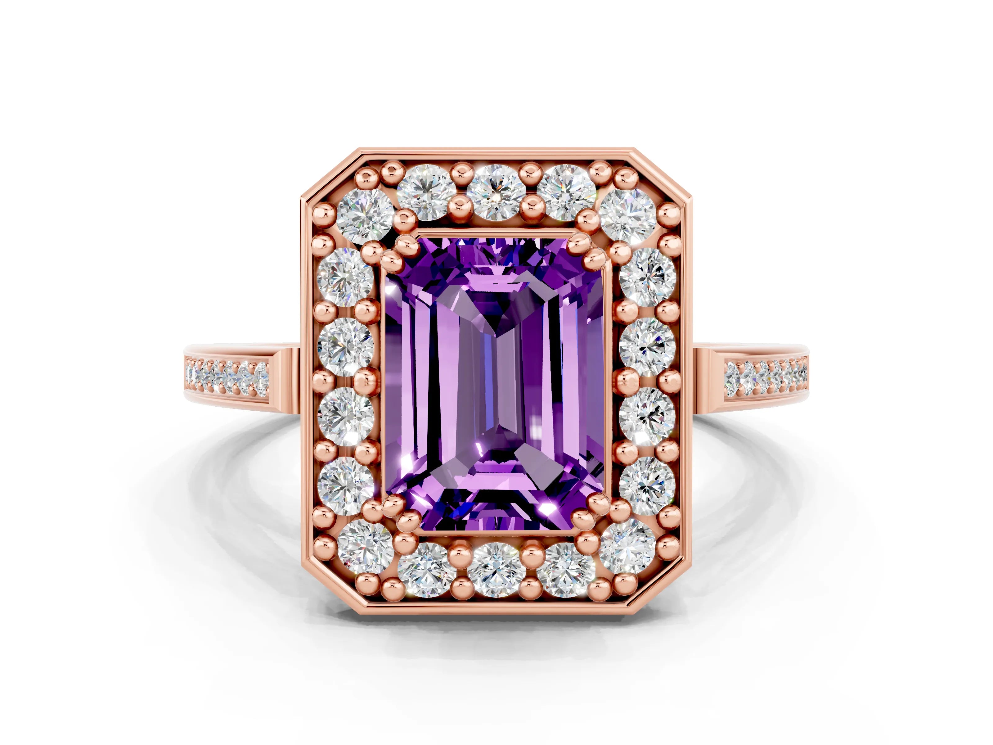 Rose gold {shape_name} Amethyst Halo Ring with Split Shank and Four-Prong Setting