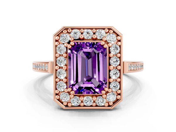 Rose gold Emerald Cut Amethyst Halo Ring with Split Shank and Four-Prong Setting