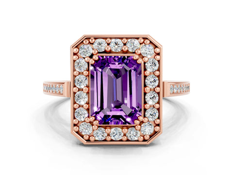 Rose gold {shape_name} Amethyst Halo Ring with Split Shank and Four-Prong Setting