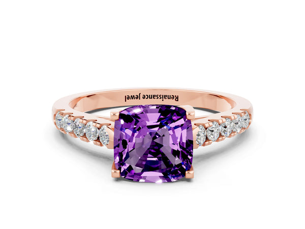 Rose gold Cushion Cut Amethyst Pavé Band Solitaire Ring with Prong Setting