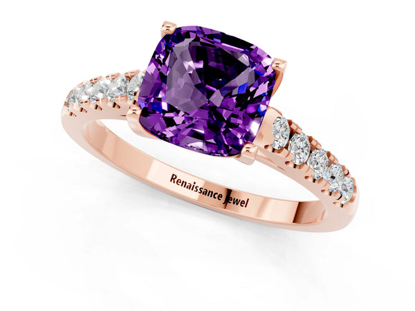 Rose gold Cushion Cut Amethyst Pavé Band Solitaire Ring with Prong Setting