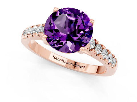 Rose gold {shape_name} Amethyst Solitaire Ring with Pavé Band and Four-Prong Setting_1