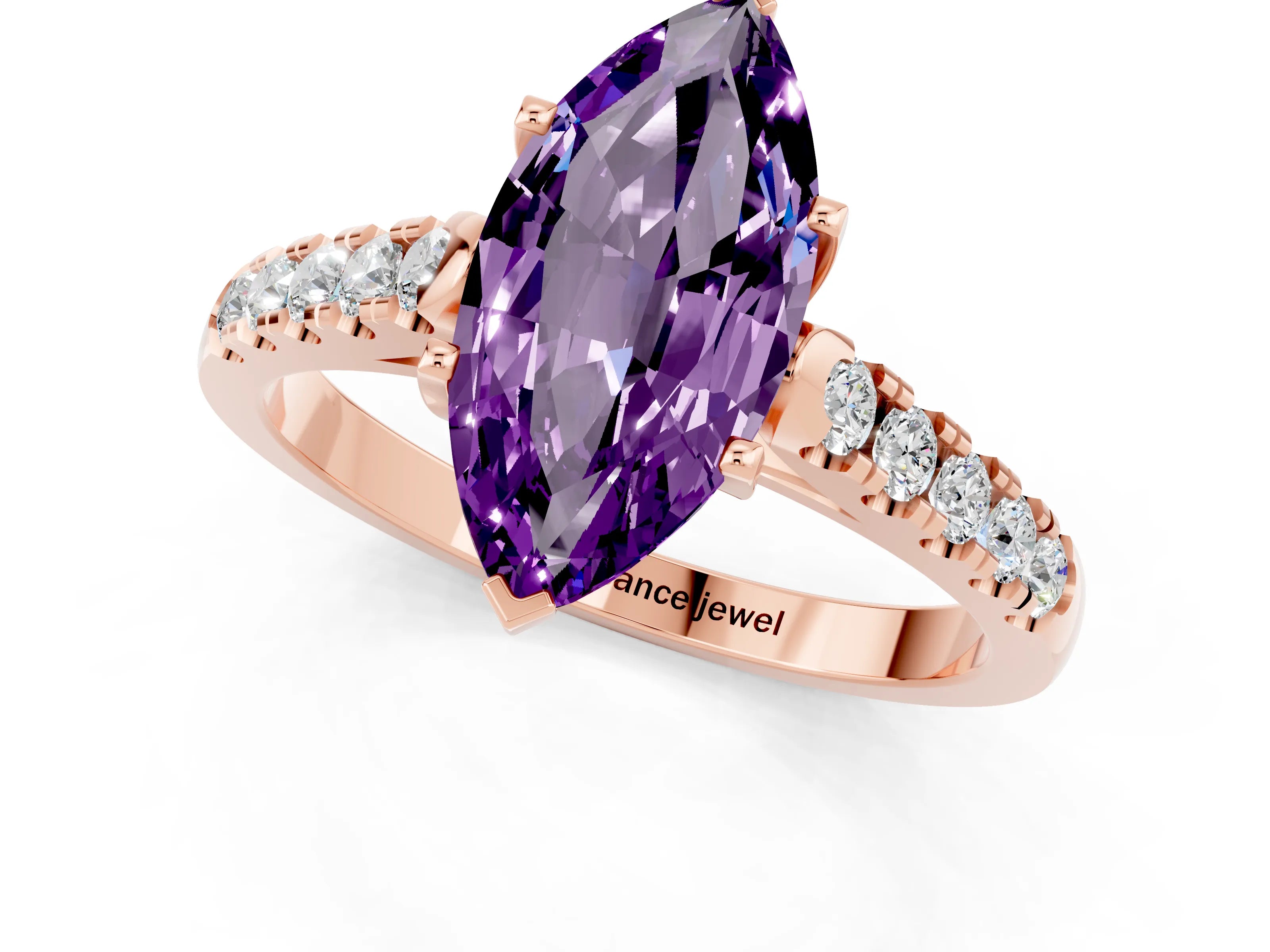 Rose gold {shape_name} Amethyst Solitaire Ring with Pavé Band and Four-Prong Setting_1