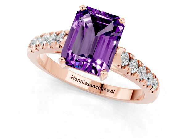 Rose gold Emerald Cut Amethyst Pavé Band Solitaire Ring with Prong Setting