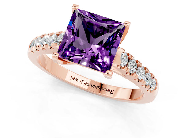 Rose gold Princess Cut Amethyst Pavé Band Solitaire Ring with Prong Setting