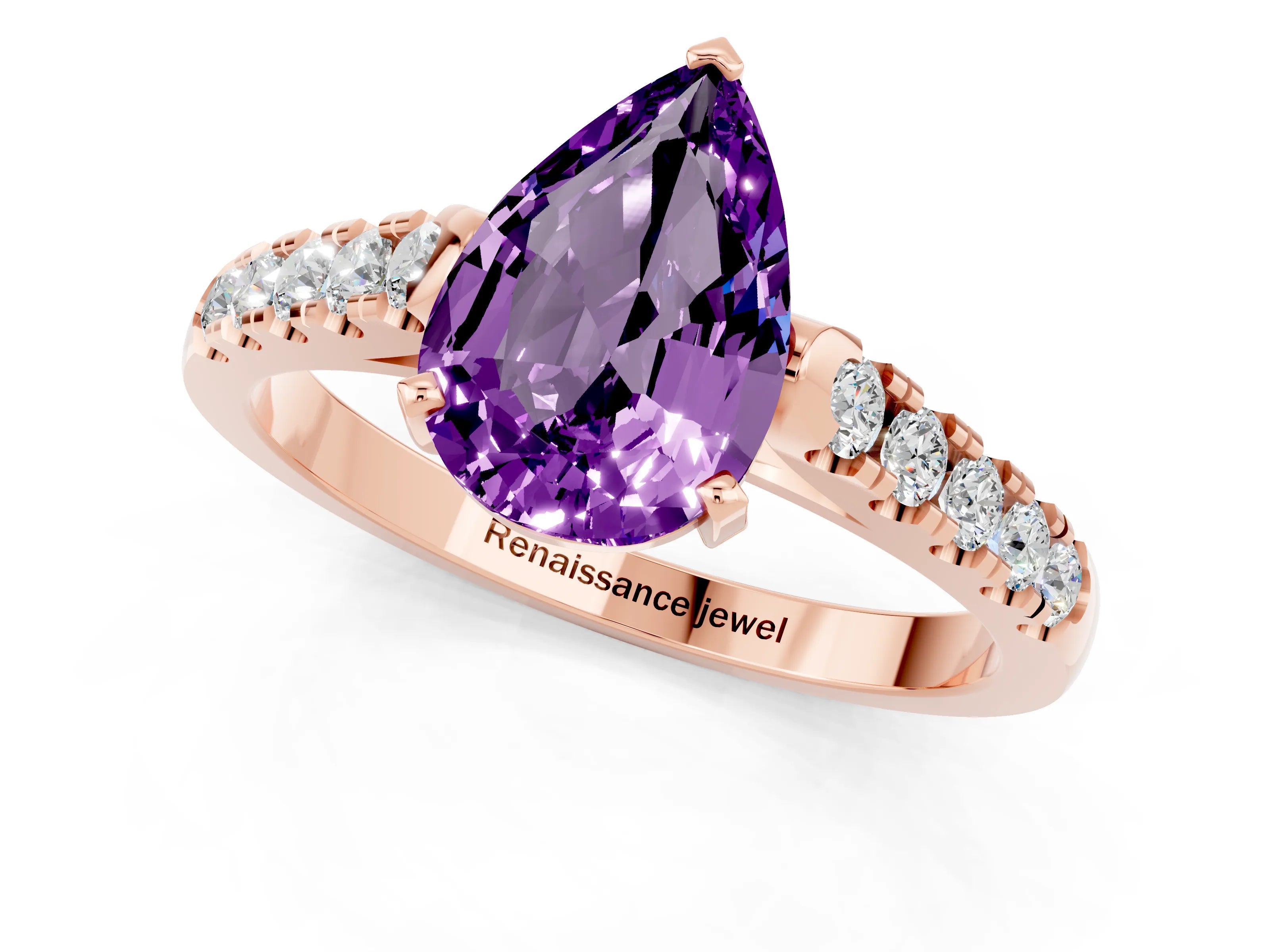 Rose gold {shape_name} Amethyst Solitaire Ring with Pavé Band and Four-Prong Setting_1