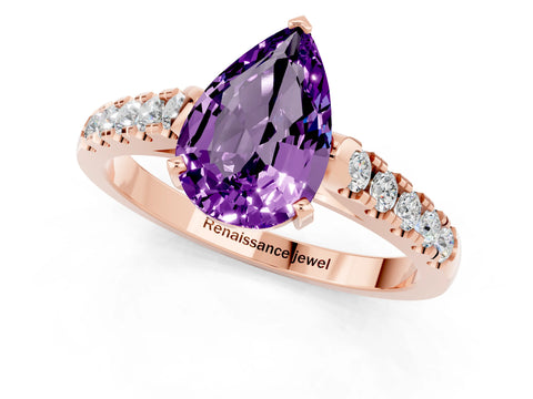 Rose gold {shape_name} Amethyst Solitaire Ring with Pavé Band and Four-Prong Setting_1