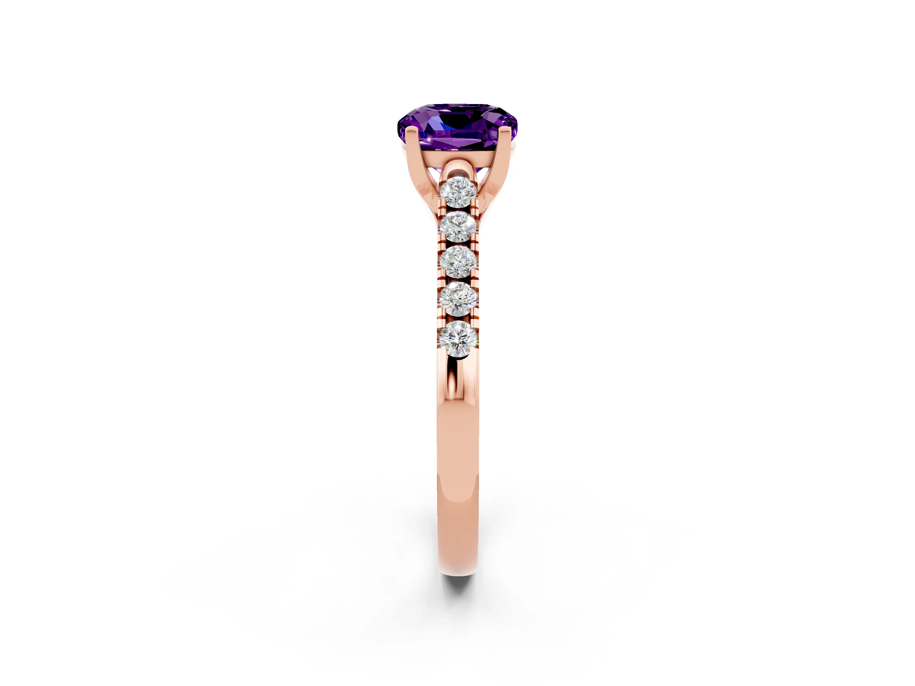 Rose gold {shape_name} Amethyst Solitaire Ring with Pavé Band and Four-Prong Setting_2