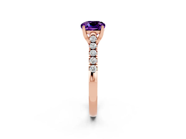 Rose gold Cushion Cut Amethyst Pavé Band Solitaire Ring with Prong Setting