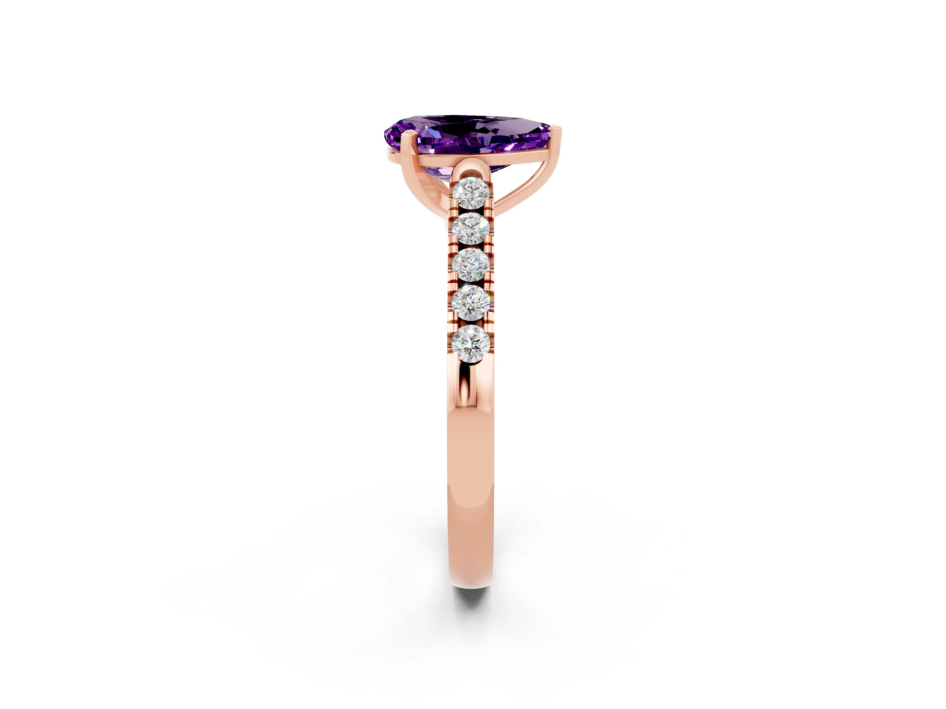 Rose gold {shape_name} Amethyst Solitaire Ring with Pavé Band and Four-Prong Setting_2