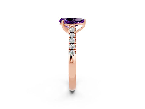 Rose gold {shape_name} Amethyst Solitaire Ring with Pavé Band and Four-Prong Setting_2