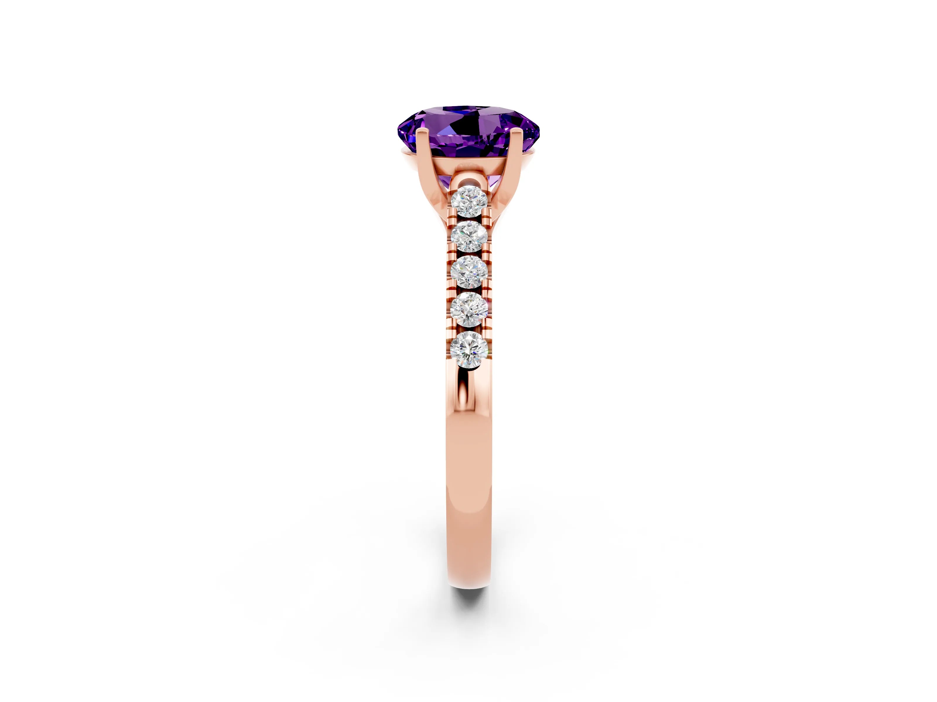 Rose gold {shape_name} Amethyst Solitaire Ring with Pavé Band and Four-Prong Setting_2