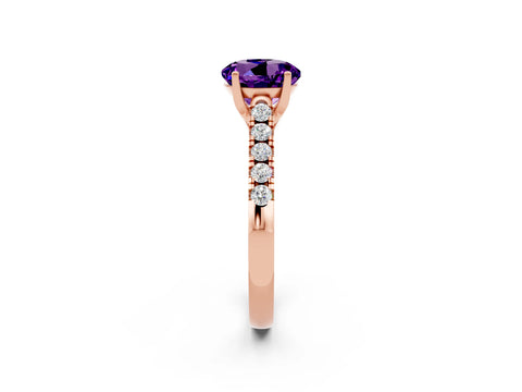 Rose gold {shape_name} Amethyst Solitaire Ring with Pavé Band and Four-Prong Setting_2