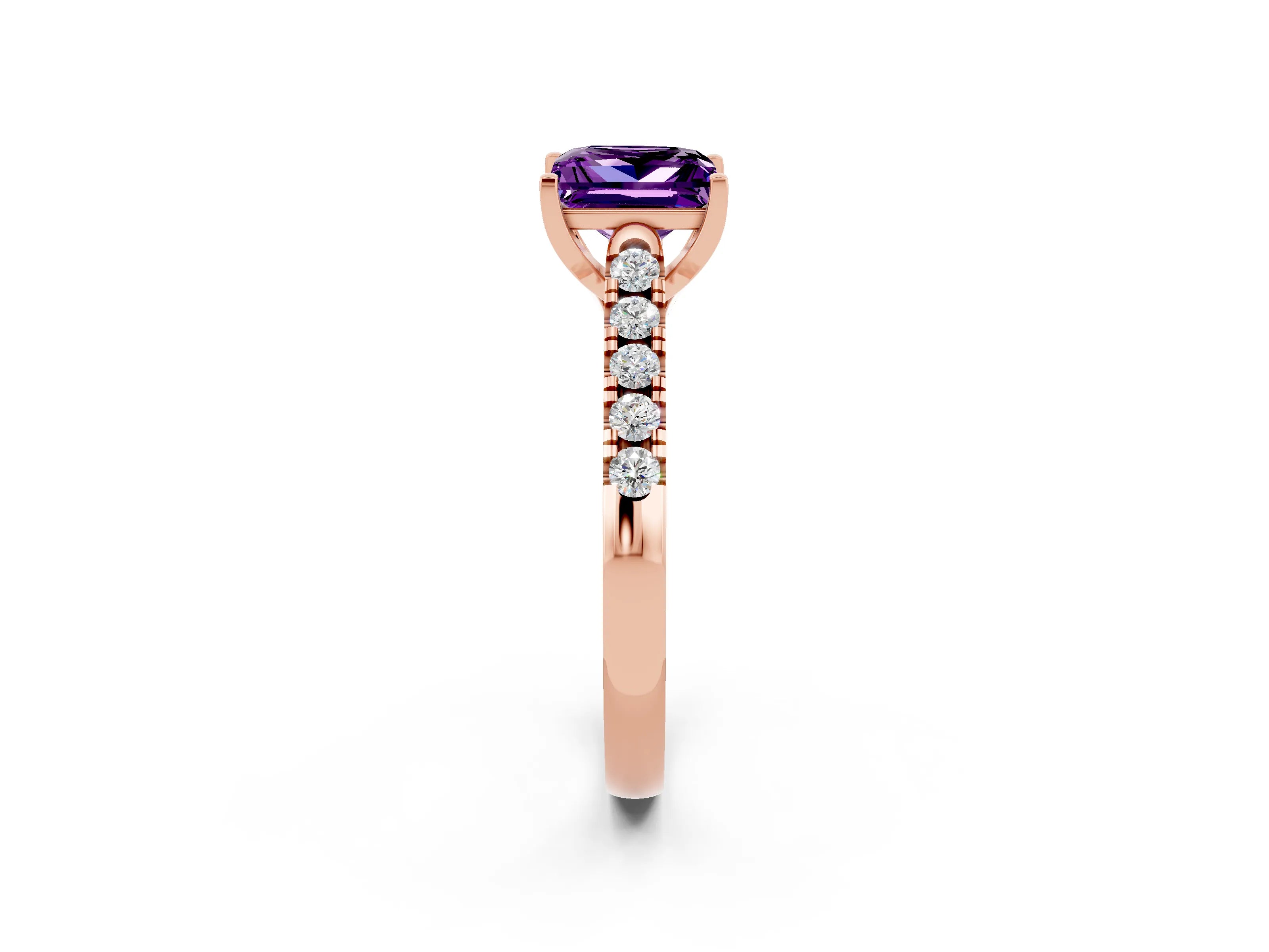 Rose gold {shape_name} Amethyst Solitaire Ring with Pavé Band and Four-Prong Setting_2