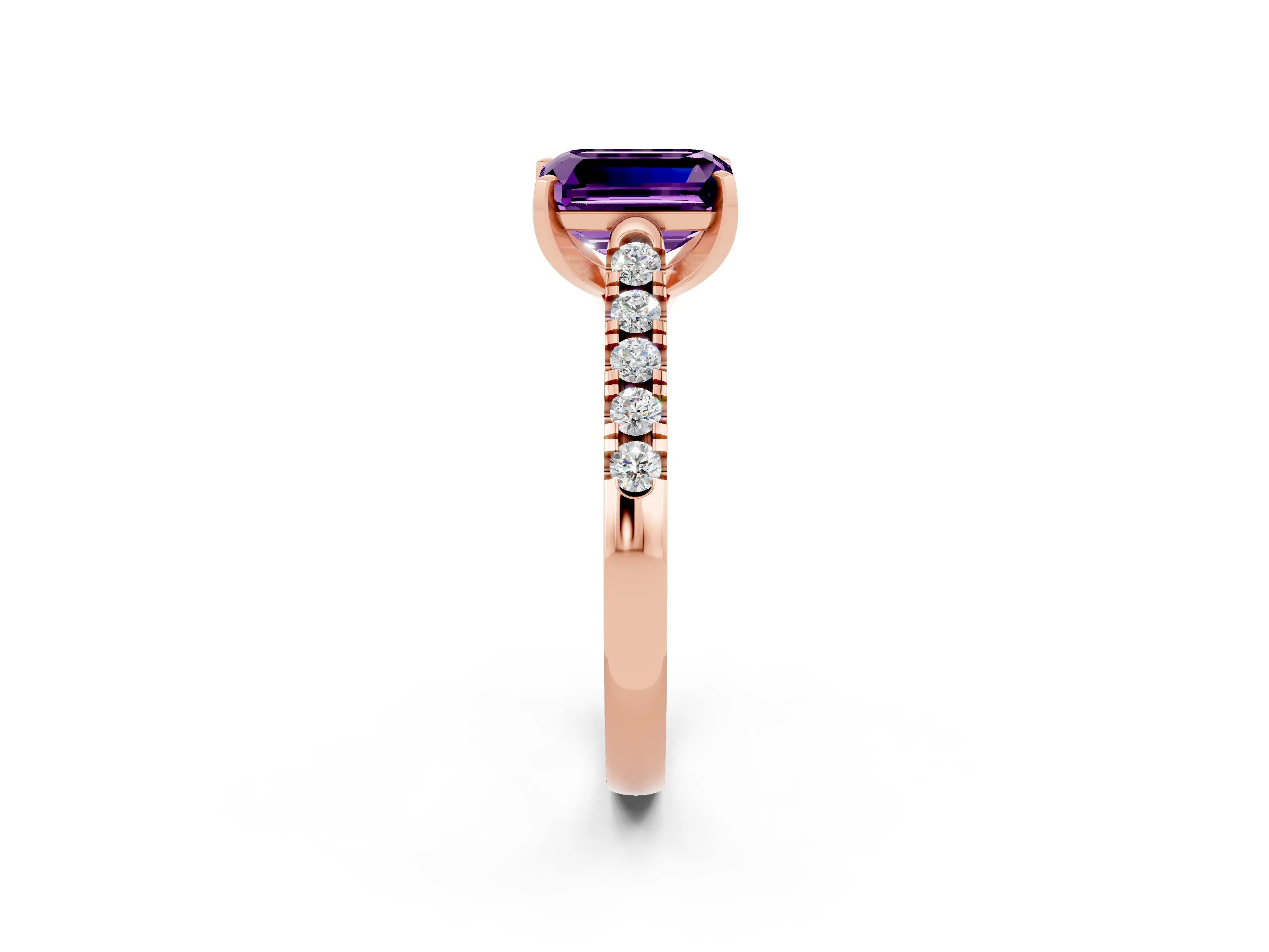 Rose gold {shape_name} Amethyst Solitaire Ring with Pavé Band and Four-Prong Setting_2