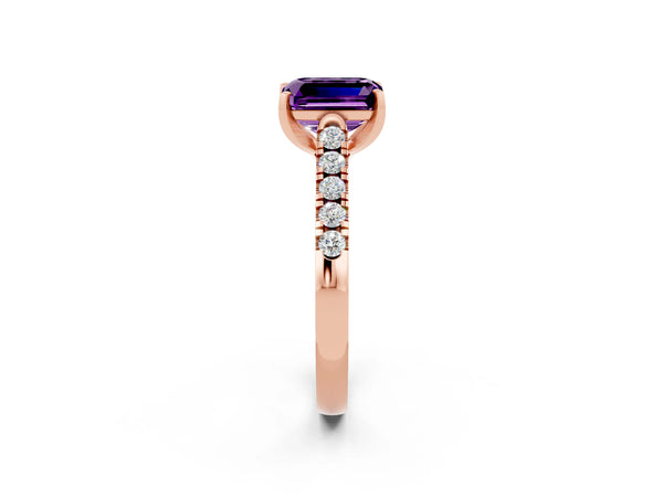 Rose gold Emerald Cut Amethyst Pavé Band Solitaire Ring with Prong Setting