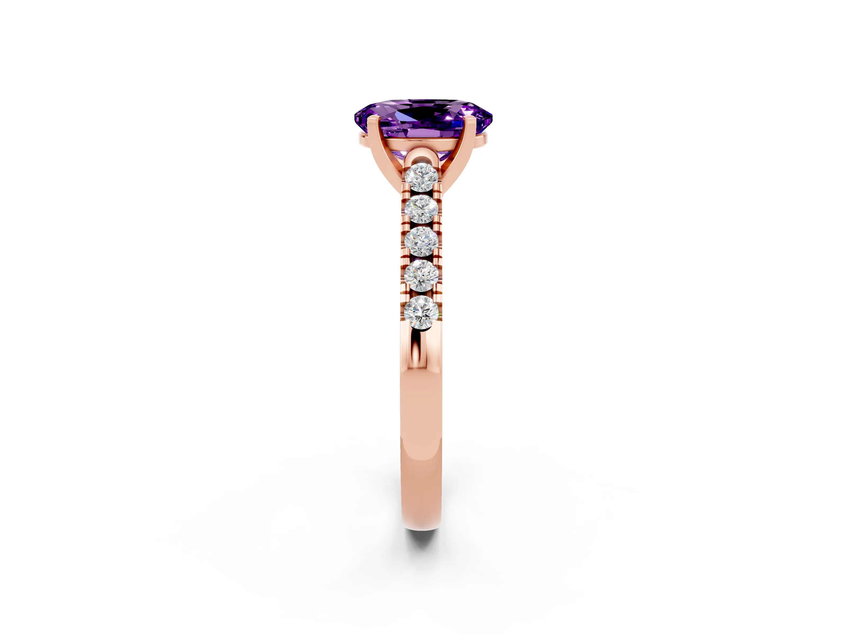Rose gold {shape_name} Amethyst Solitaire Ring with Pavé Band and Four-Prong Setting_2
