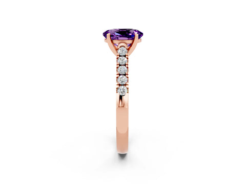 Rose gold {shape_name} Amethyst Solitaire Ring with Pavé Band and Four-Prong Setting_2